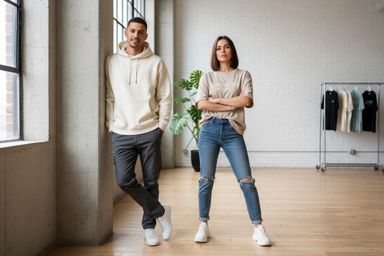 Drivon Apparel man and women wearing hoodie and tshirt